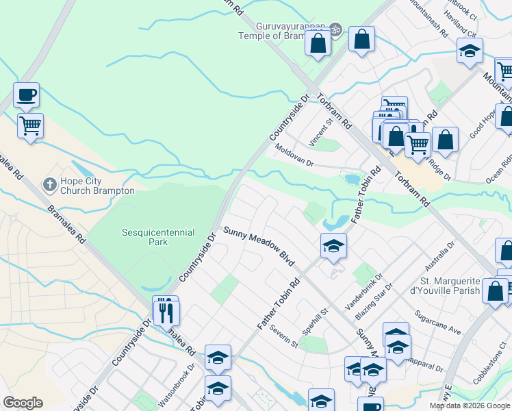 map of restaurants, bars, coffee shops, grocery stores, and more near 1 Buckler Street in Brampton
