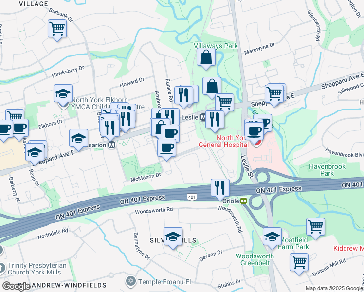 map of restaurants, bars, coffee shops, grocery stores, and more near 19 Singer Court in Toronto