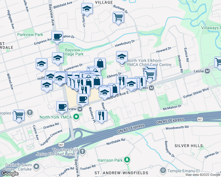 map of restaurants, bars, coffee shops, grocery stores, and more near 660 Sheppard Avenue East in Toronto