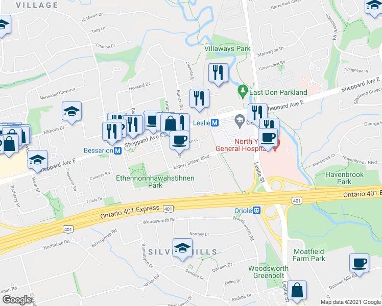 map of restaurants, bars, coffee shops, grocery stores, and more near 19 Singer Court in Toronto