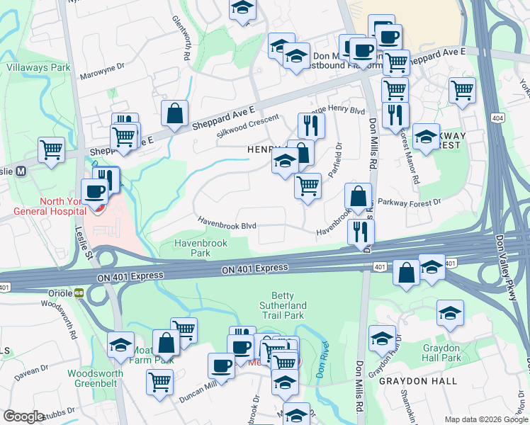 map of restaurants, bars, coffee shops, grocery stores, and more near 27 Elfindale Crescent in Toronto