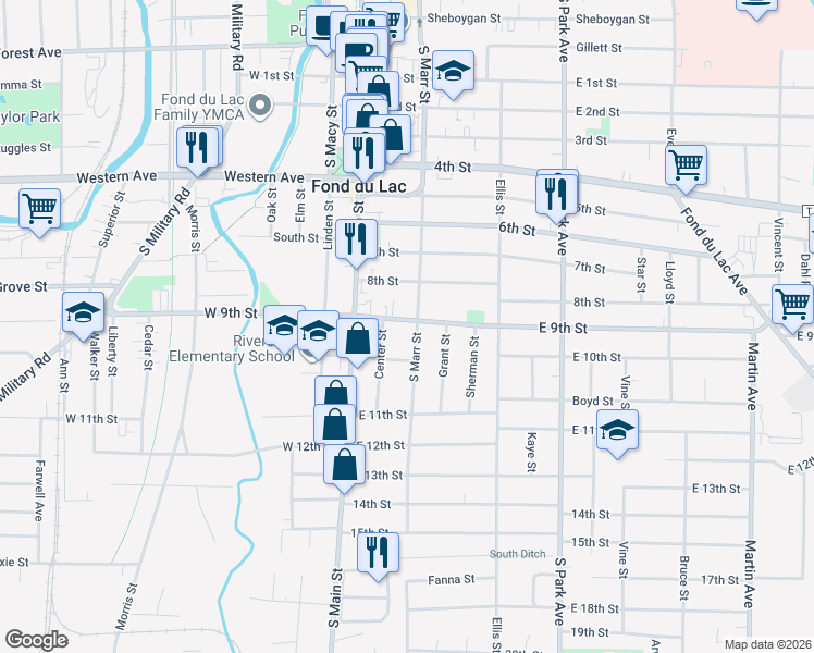 map of restaurants, bars, coffee shops, grocery stores, and more near 52 East 9th Street in Fond du Lac
