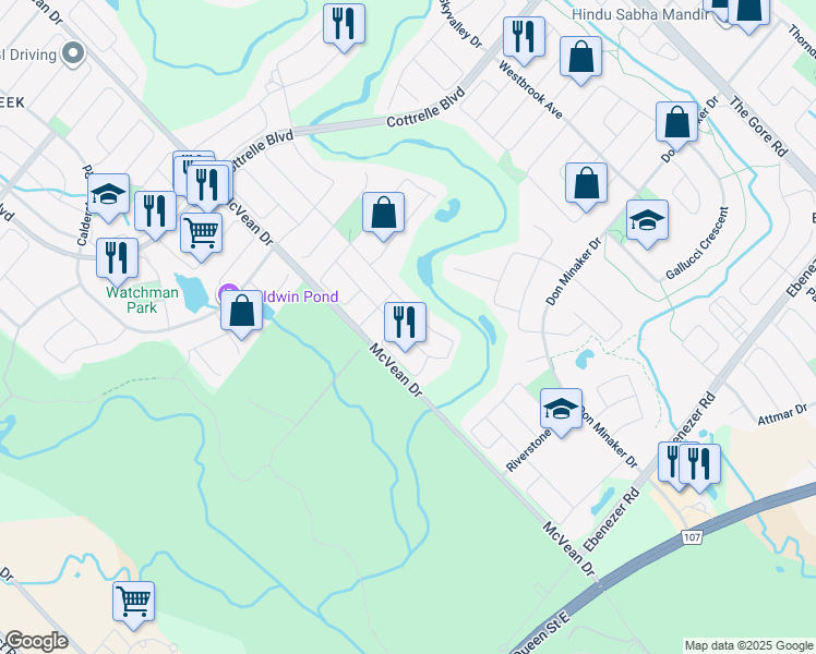 map of restaurants, bars, coffee shops, grocery stores, and more near 13 Hawkridge Trail in Brampton