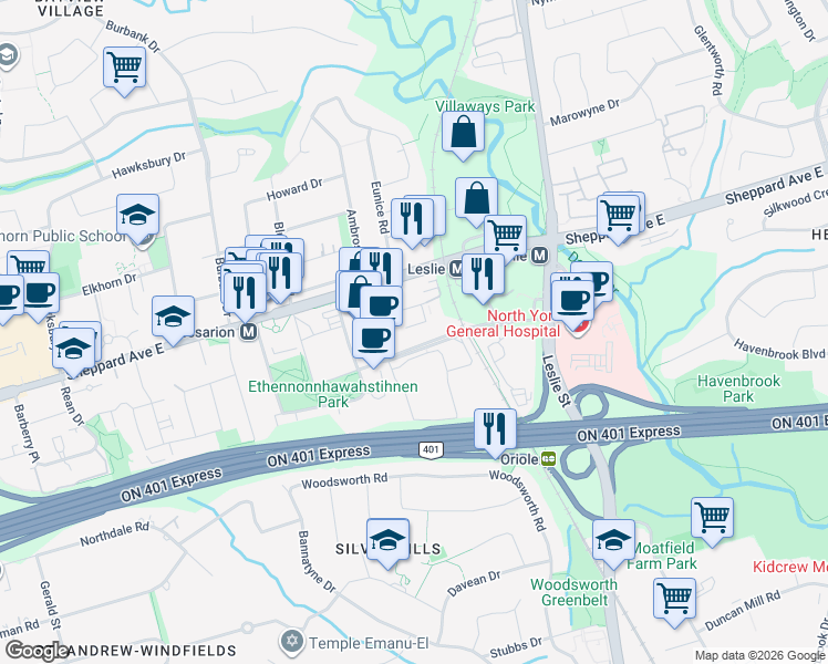 map of restaurants, bars, coffee shops, grocery stores, and more near 103 Esther Shiner Boulevard in Toronto