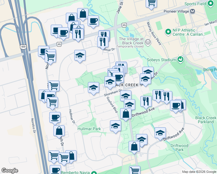 map of restaurants, bars, coffee shops, grocery stores, and more near 215 Gosford Boulevard in Toronto