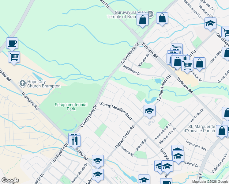 map of restaurants, bars, coffee shops, grocery stores, and more near 1 Buckler Street in Brampton