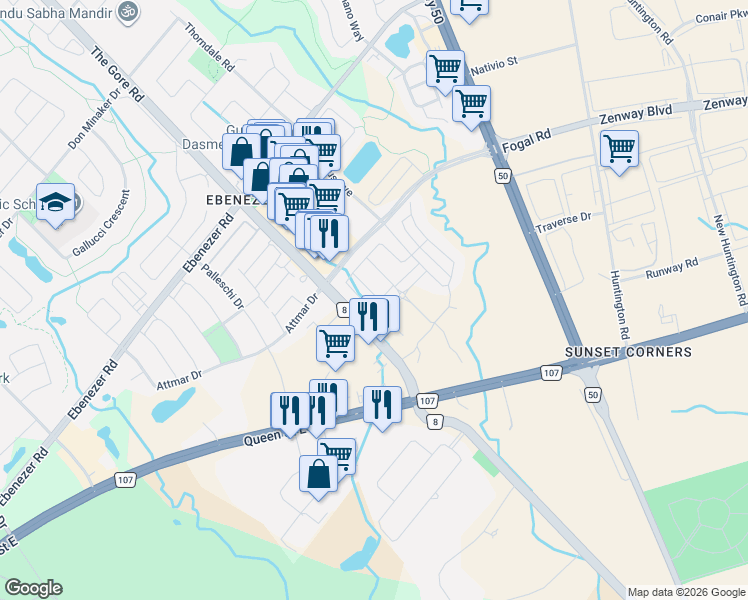 map of restaurants, bars, coffee shops, grocery stores, and more near 4 Haydrop Road in Brampton