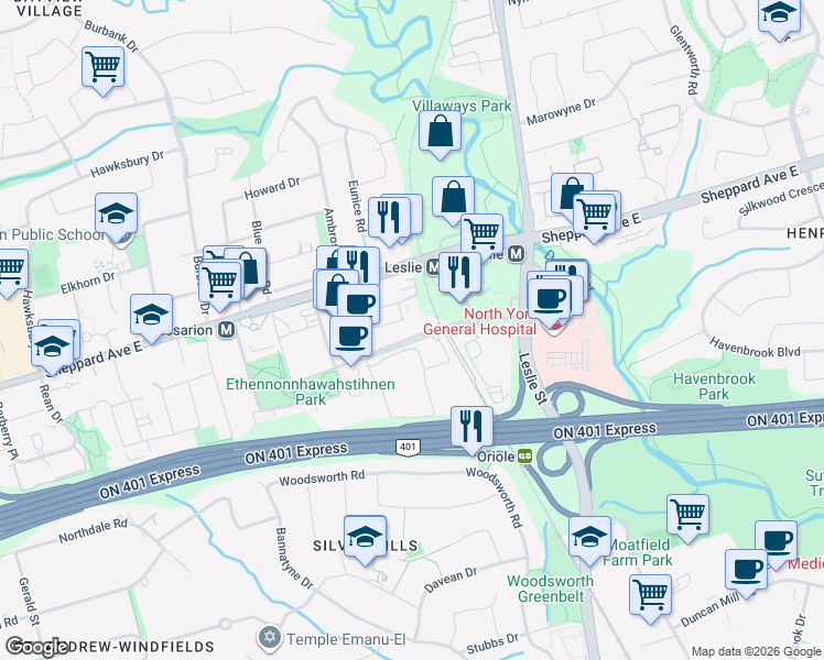 map of restaurants, bars, coffee shops, grocery stores, and more near 29 Singer Court in Toronto