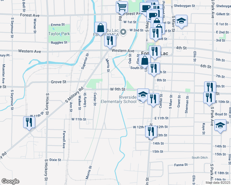 map of restaurants, bars, coffee shops, grocery stores, and more near 132 West 9th Street in Fond du Lac