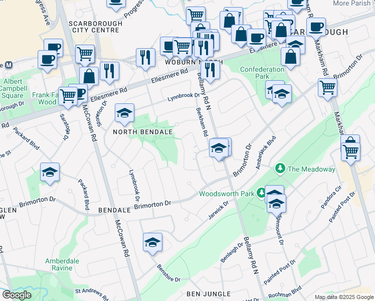 map of restaurants, bars, coffee shops, grocery stores, and more near 31 Erinlea Crescent in Toronto
