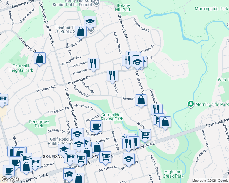map of restaurants, bars, coffee shops, grocery stores, and more near 8 Mid Pines Road in Toronto