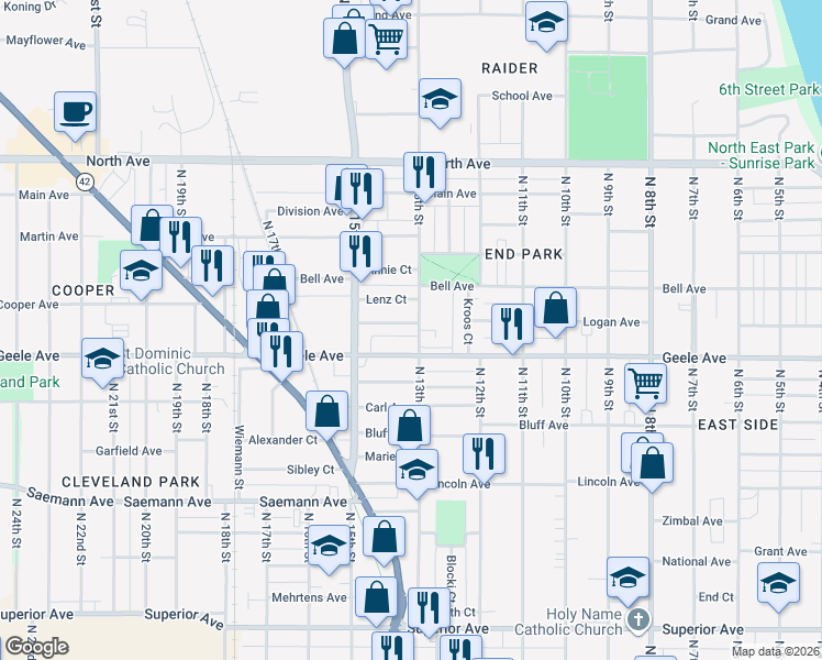 map of restaurants, bars, coffee shops, grocery stores, and more near 2224 North 13th Street in Sheboygan
