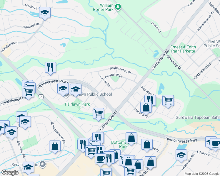 map of restaurants, bars, coffee shops, grocery stores, and more near 68 Coachlight Crescent in Brampton