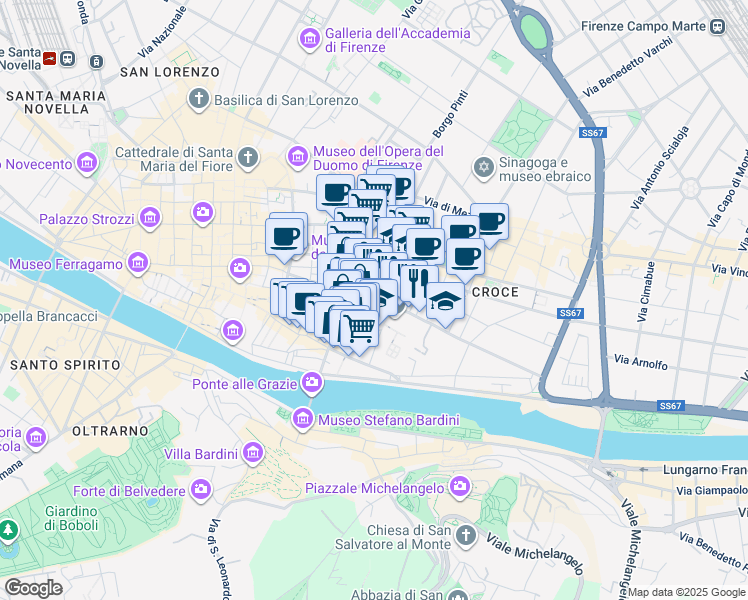map of restaurants, bars, coffee shops, grocery stores, and more near 16 Piazza Santa Croce in Firenze