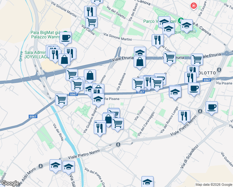 map of restaurants, bars, coffee shops, grocery stores, and more near 798 Via Pisana in Florence