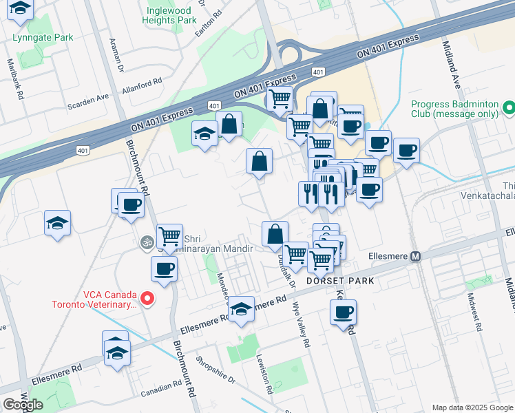 map of restaurants, bars, coffee shops, grocery stores, and more near 50 Dundalk Drive in Toronto