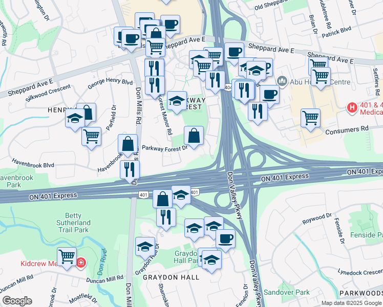 map of restaurants, bars, coffee shops, grocery stores, and more near 25 Parkway Forest Drive in Toronto