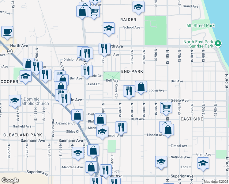 map of restaurants, bars, coffee shops, grocery stores, and more near in Sheboygan