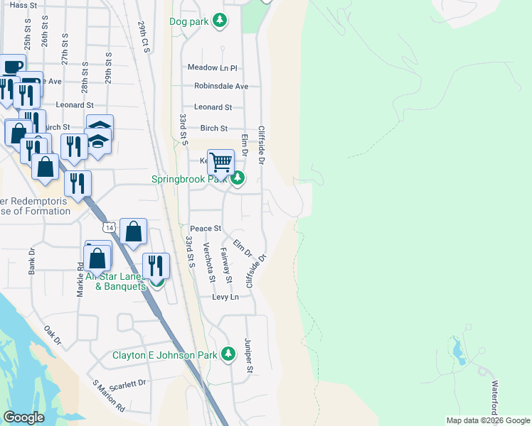 map of restaurants, bars, coffee shops, grocery stores, and more near 4007 Cliffside Drive in La Crosse
