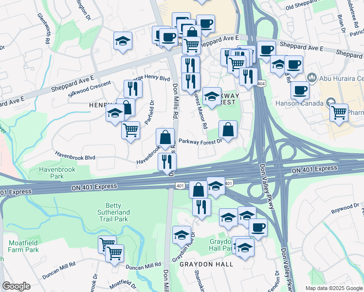 map of restaurants, bars, coffee shops, grocery stores, and more near 5 Parkway Forest Drive in Toronto