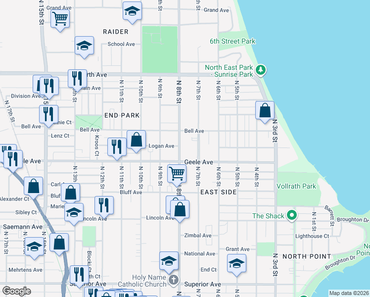 map of restaurants, bars, coffee shops, grocery stores, and more near 2201 North 8th Street in Sheboygan