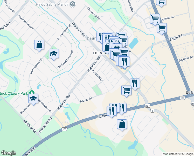 map of restaurants, bars, coffee shops, grocery stores, and more near 38 Palleschi Drive in Brampton