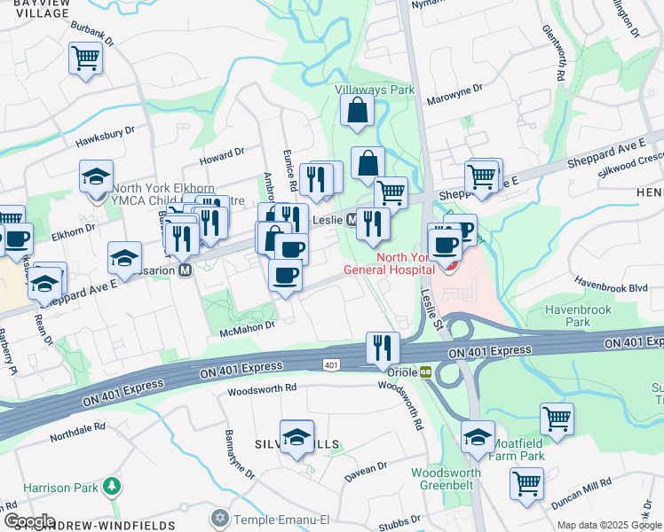 map of restaurants, bars, coffee shops, grocery stores, and more near 29 Singer Court in Toronto