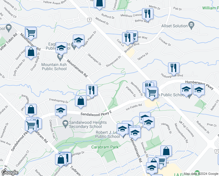 map of restaurants, bars, coffee shops, grocery stores, and more near 20 Switchback Trail in Brampton