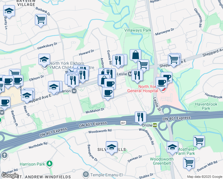 map of restaurants, bars, coffee shops, grocery stores, and more near 3 Singer Court in Toronto