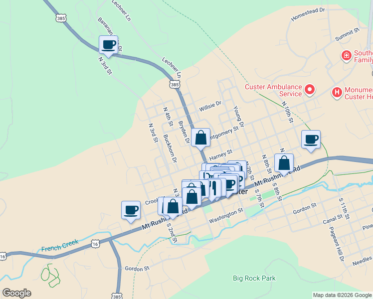 map of restaurants, bars, coffee shops, grocery stores, and more near 412 Bryden Drive in Custer