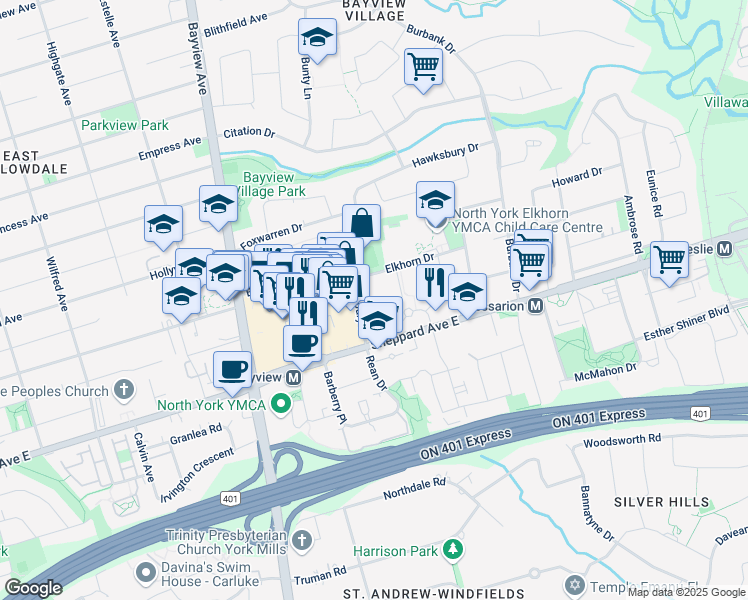 map of restaurants, bars, coffee shops, grocery stores, and more near 642 Sheppard Avenue East in Toronto