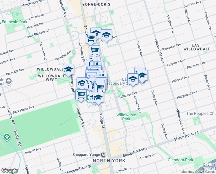 map of restaurants, bars, coffee shops, grocery stores, and more near 35 Empress Avenue in Toronto