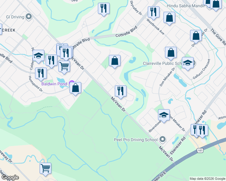 map of restaurants, bars, coffee shops, grocery stores, and more near 2 Vintonridge Drive in Brampton