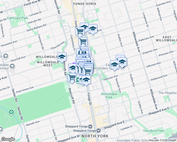 map of restaurants, bars, coffee shops, grocery stores, and more near 33 Empress Avenue in Toronto
