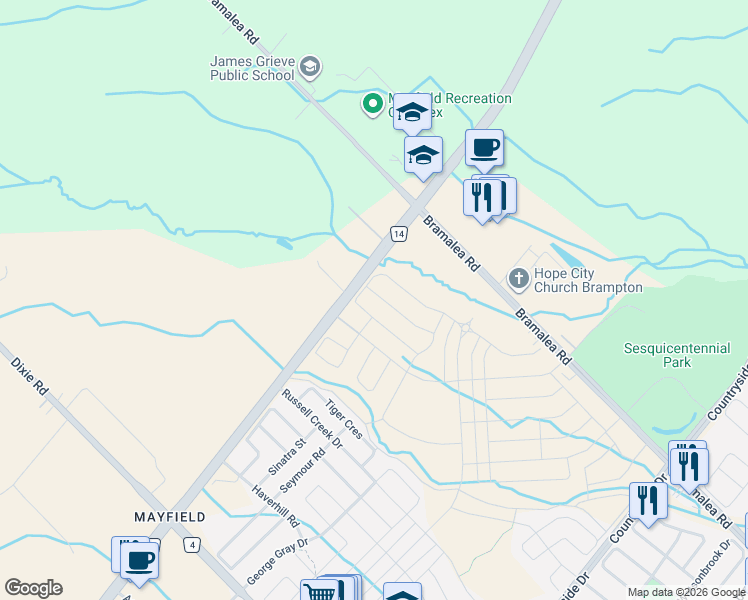 map of restaurants, bars, coffee shops, grocery stores, and more near 48 Watkins Road in Brampton
