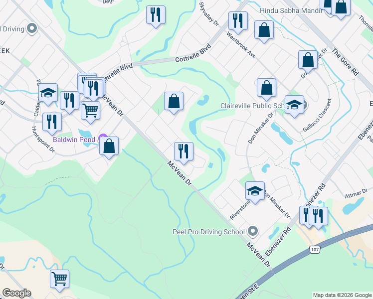 map of restaurants, bars, coffee shops, grocery stores, and more near 51 Hawkridge Trail in Brampton