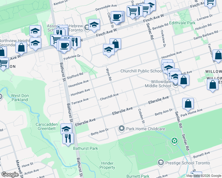 map of restaurants, bars, coffee shops, grocery stores, and more near 50 Wynn Road in Toronto