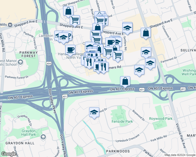 map of restaurants, bars, coffee shops, grocery stores, and more near in Toronto