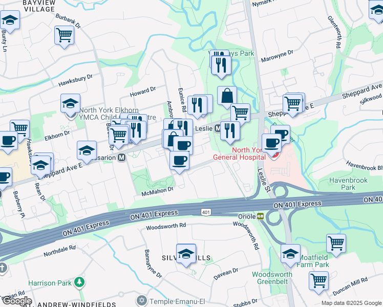 map of restaurants, bars, coffee shops, grocery stores, and more near 15 Singer Court in Toronto