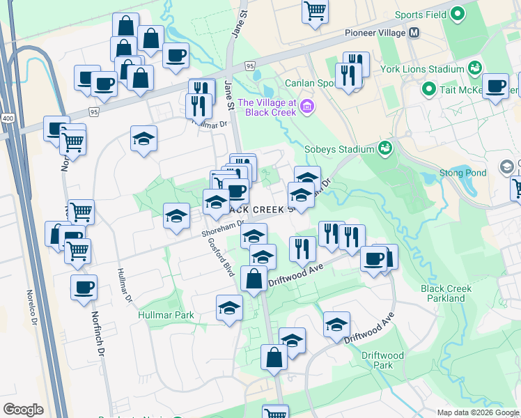 map of restaurants, bars, coffee shops, grocery stores, and more near 4645 Jane Street in Toronto