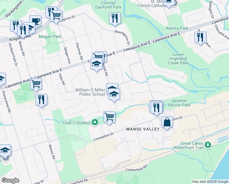 map of restaurants, bars, coffee shops, grocery stores, and more near 65 Bennett Road in Toronto