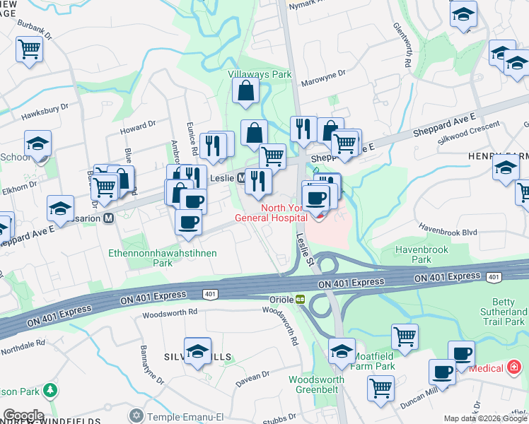 map of restaurants, bars, coffee shops, grocery stores, and more near 2756 Old Leslie Street in Toronto