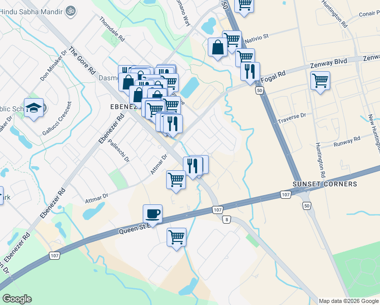map of restaurants, bars, coffee shops, grocery stores, and more near 39 Fogal Road in Brampton