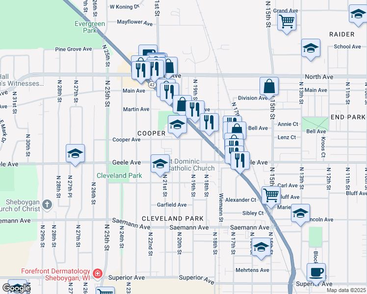 map of restaurants, bars, coffee shops, grocery stores, and more near 1914 Cooper Avenue in Sheboygan