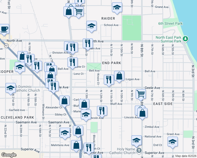 map of restaurants, bars, coffee shops, grocery stores, and more near 2299 Kroos Court in Sheboygan