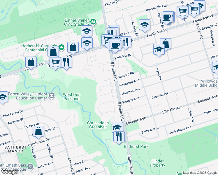 map of restaurants, bars, coffee shops, grocery stores, and more near in Toronto