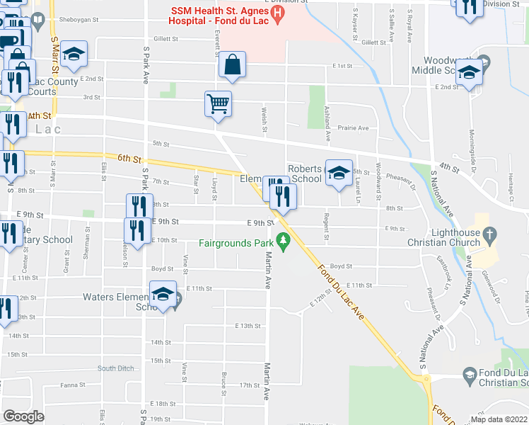 map of restaurants, bars, coffee shops, grocery stores, and more near 373 8th Street in Fond du Lac