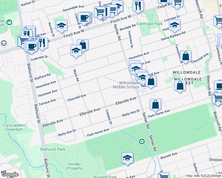map of restaurants, bars, coffee shops, grocery stores, and more near in Toronto