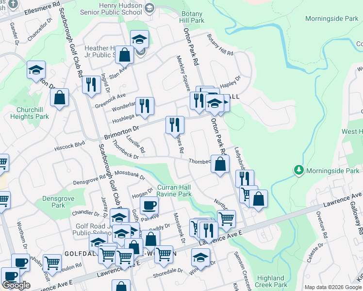 map of restaurants, bars, coffee shops, grocery stores, and more near 11 Mid Pines Road in Toronto