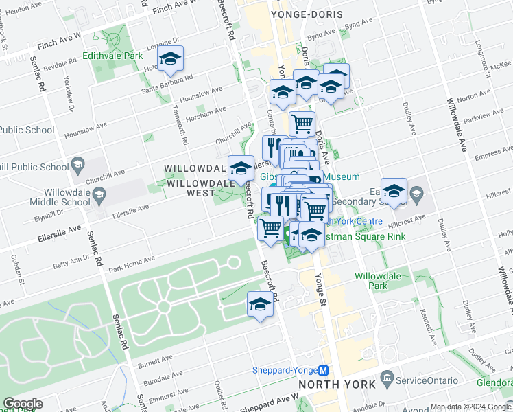 map of restaurants, bars, coffee shops, grocery stores, and more near in Toronto
